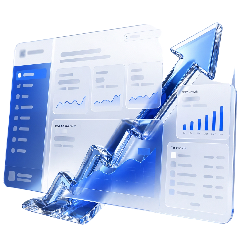 Floating 3D sales dashboard with a rising growth arrow